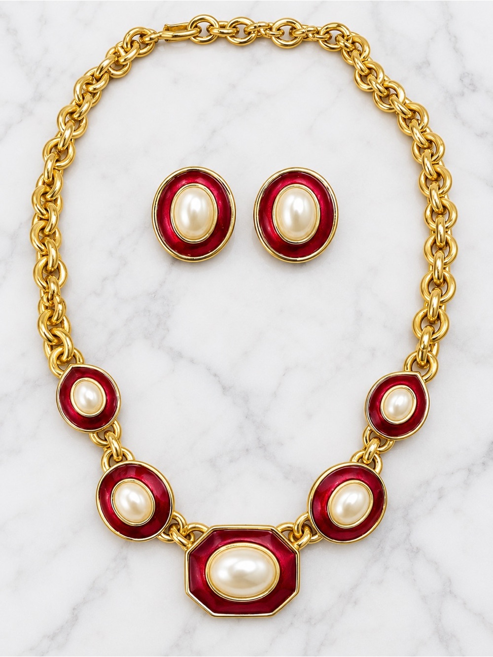 Vintage Monet Necklace & Earrings Set Red Enamel Faux Pearl Gold Tone Statement